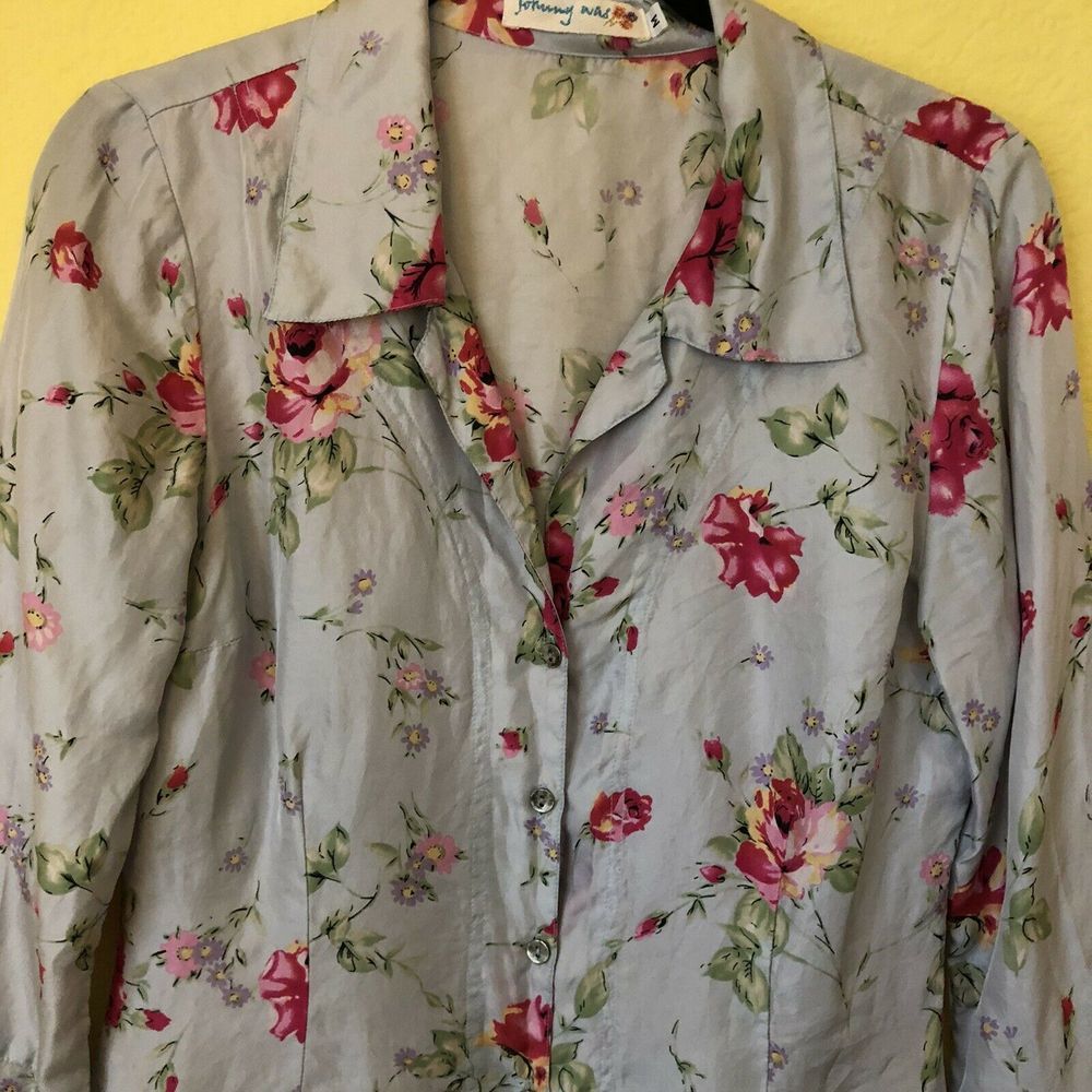 Johnny Was Light Blue Silk Blouse Floral Sz M - Picture 5 of 8